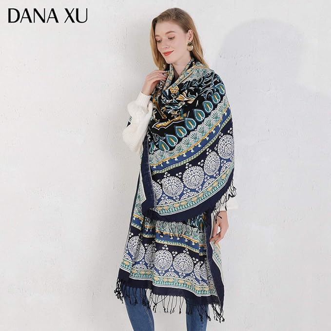 DANA XU 100% Merino Wool Pashmina Shawl for Women 96"x43", Oversized Cashmere Wrap with Tassels, Floral Travel Blanket Cape