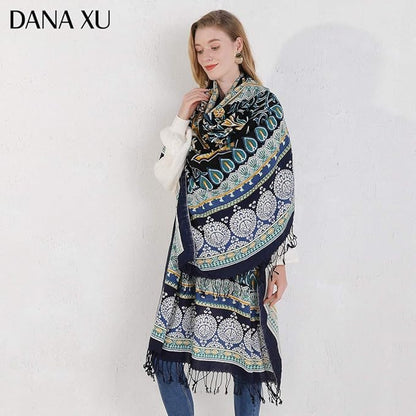 DANA XU 100% Merino Wool Pashmina Shawl for Women 96"x43", Oversized Cashmere Wrap with Tassels, Floral Travel Blanket Cape