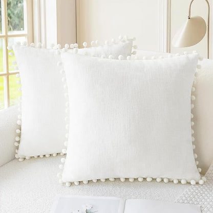 CaliTime Throw Pillow Covers Decorative 18 X 18 Inches Pack of 2 Cozy Solid Dyed Soft Chenille Cushion Cases with Pom Poms for Couch Sofa Bed Living Room Home True White