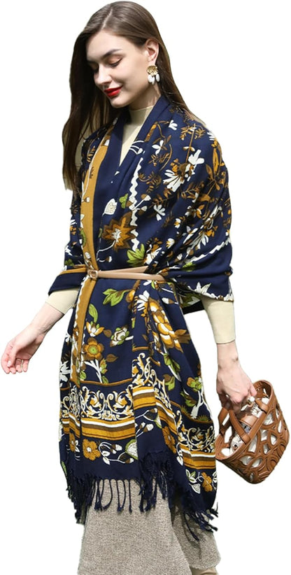 DANA XU 100% Merino Wool Extra Large Pashmina Blanket Travel Scarf Cashmere Wrap for Women Fall Winter Oversize Shawl Floral