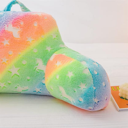 Meeting Story Colorful Gradient Rainbow Star Unicorn Luminous Reading Pillows Glow in The Dark with Arms Back Pillow for Bed, Bed Rest Pillow for Adults Teens, Kids, (Yellow-Pink)
