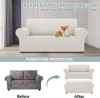 LURKA Stretch Loveseat Sofa Slipcovers 1 Piece Couch Covers for Sofa Furniture Protector Full Sofa Covers with Elastic Bottom for Kids and Dog (Medium, Ivory)
