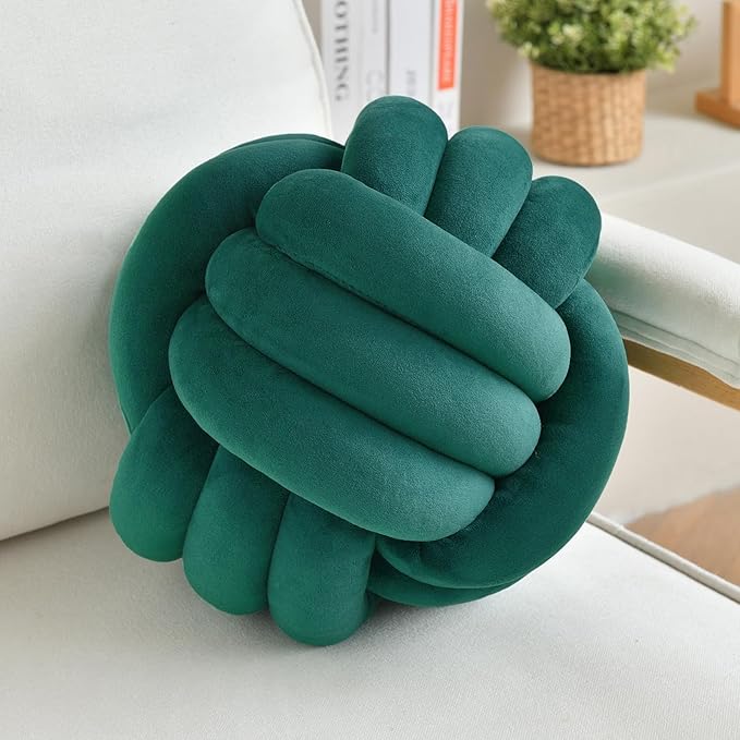 Decorative Throw Knot Pillow Ball for Home Chair Sofa Aesthetic Round Velvet Knotted Pillow Cushion (Green, 11 inch)