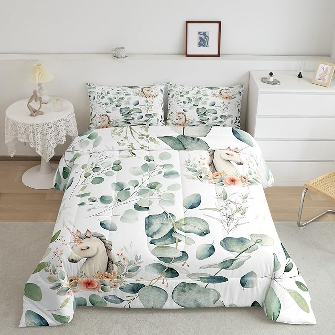 Erosebridal Kids Cute Animal Bedding Full Size for Girls Boys Cartoon Unicorn Comforter Set Full, Spring Eucalyptus Duvet Insert Floral Quilt Comforter, Kawaii Magical Animal Bedding Comforters & Sets