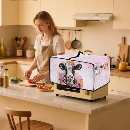 Air Fryer Toaster Oven Dust Cover Washable Fabric Convection Oven Protector with Storage Pockets, M, 16.5 x 20.5 x 10 Inches, Cow Pink Flower Pattern