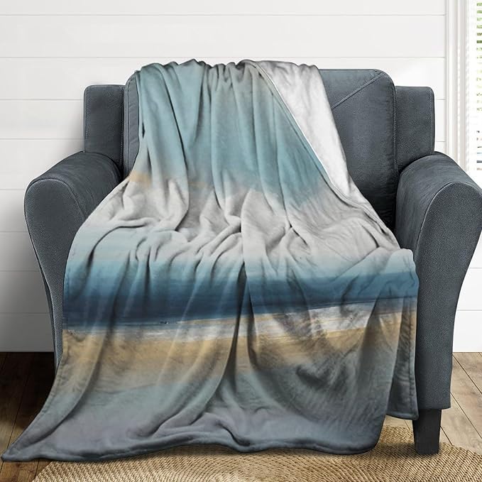 Fashion Gradient Blanket, Modern Art Abstract Blue Sea View Painting Strokes Pattern Soft Warm Cozy Plush Flannel Covers for Livingroom Bedroom Couch Chair Camping Travel Home Decor Tapestry 50x60in