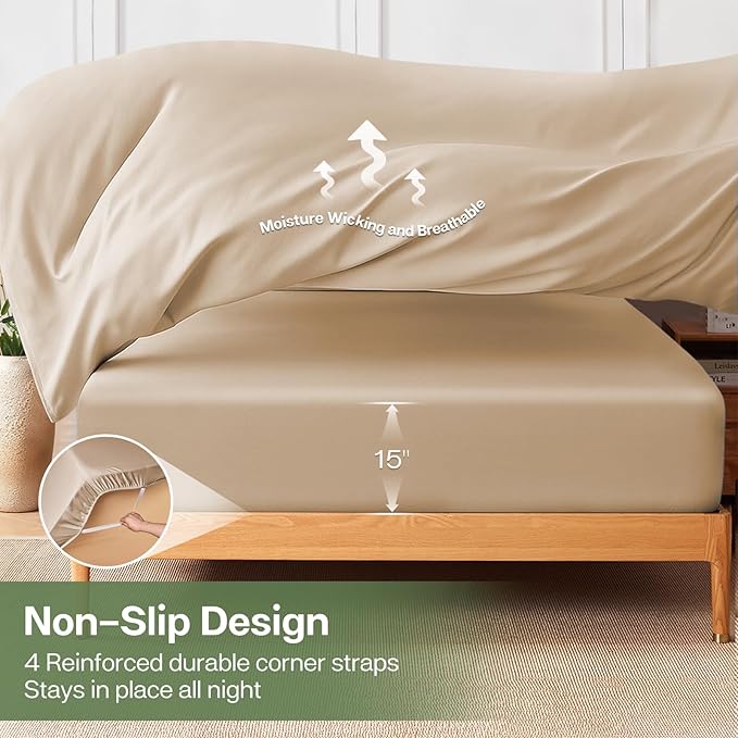 MR&HM King Fitted Sheet Only, Ultra-Soft Rayon Derived from Bamboo & Polyester Blend, Silky & Breathable, 15" Deep Pocket with Elastic Straps, Cooling Fitted Sheet for Hot Sleepers, Beige