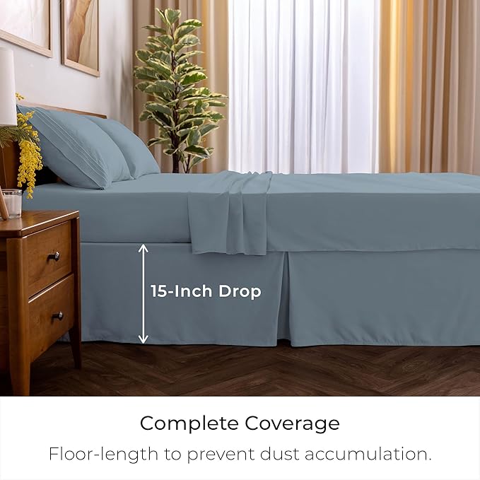 Mellanni Bed Skirt King Size - Bed Skirting - 15-Inch Tailored Drop Pleated Dust Ruffle - Hotel Luxury Bedding - Wrinkle, Fade, Stain Resistant - 1 Bedskirt (King, Blue Hydrangea)