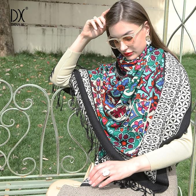 DANA XU 100% Merino Wool Extra Large Pashmina Blanket Travel Scarf Cashmere Wrap for Women Fall Winter Oversize Shawl Floral
