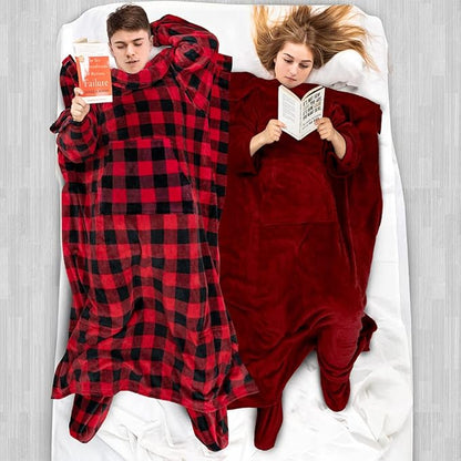 PAVILIA Fleece Blanket with Sleeves, Foot Pockets for Women Men Adults, Plush Wearable Blanket Throw Wrap, Warm Snuggle Blanket Robe, Cozy Gift Ideas Wife Mom, Checkered Red