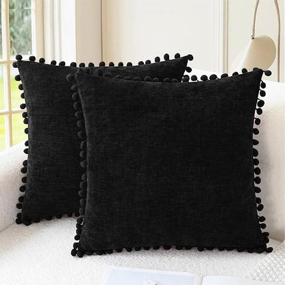 CaliTime Throw Pillow Covers Decorative 20 X 20 Inches Pack of 2 Cozy Solid Dyed Soft Chenille Cushion Cases with Pom Poms for Couch Sofa Bed Living Room Home Black