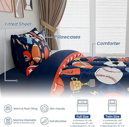 SANDJEST Sports Bedding Sets for Boys, Ultra Soft Microfiber Comforter Full Size Set with 4-Pieces, Comforters for Kids Children Boy Bedroom Decor