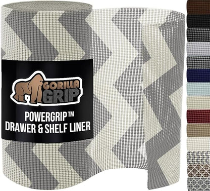 GORILLA GRIP powerGRIP Drawer Shelf and Cabinet Liner, Thick Strong Hold, Non-Adhesive Liners Protect Kitchen Cabinets and Cupboard, Bathroom Drawers, Easy Install, Breathable Mat, 12" x10' Gray White