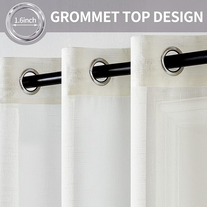 MIULEE 2 Panels Natural Linen Semi Sheer Window Curtains Elegant Solid Ivory Drapes Grommet Top Window Voile Panels Linen Textured for Bedroom Living Room (52X90 Inch)