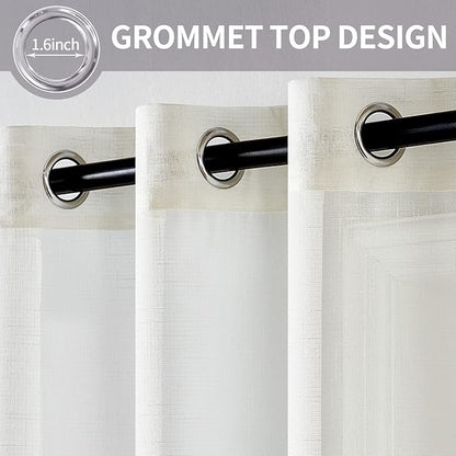 MIULEE 2 Panels Natural Linen Semi Sheer Window Curtains Elegant Solid Ivory Drapes Grommet Top Window Voile Panels Linen Textured for Bedroom Living Room (52X90 Inch)