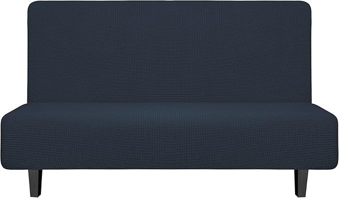 Easy-Going Stretch Futon Slipcover Armless Futon Bed Cover Furniture Protector Without Armrests with Elastic Bottom for Kids, Soft Jacquard Fabric Small Checks (Medium, Dark Blue)