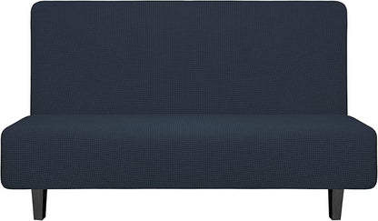Easy-Going Stretch Futon Slipcover Armless Futon Bed Cover Furniture Protector Without Armrests with Elastic Bottom for Kids, Soft Jacquard Fabric Small Checks (Medium, Dark Blue)