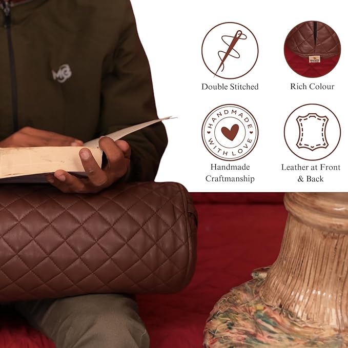 Neck Roll Pillow Cushion Cover, 14x7 Inch Full Moon Round Bolster Pillow Case, Cylinder Soft Lambskin Leather Pillowcase for Head, Spine & Neck Support During Sleep - Quilted Chocolate Brown Pack of 2
