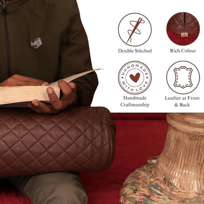 Neck Roll Pillow Cushion Cover, 22x7 Inch Full Moon Round Bolster Pillow Case, Cylinder Soft Lambskin Leather Pillowcase for Head, Spine & Neck Support During Sleep - Quilted Chocolate Brown Pack of 2