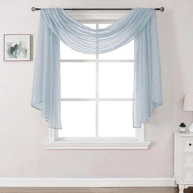 DONREN Sheer Scarf Curtain for Bedroom - Window Topper Valance Voile Panel Classic for Sons/Boys/Seniors Room (W52 x L144, 1 Pack, Dusty Blue)