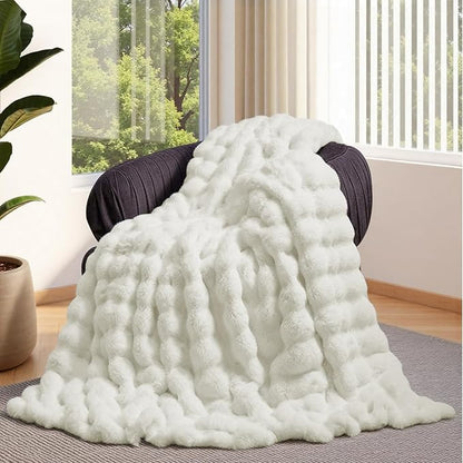 Lotus Karen Faux Fur Throw Blanket Cream White - Big Bubble Rabbit Fluff Blanket for Couch, Small Fluffy Fuzzy Cozy Blanket, Thick Furry Plush Shaggy Blankets, 50x60 Inches