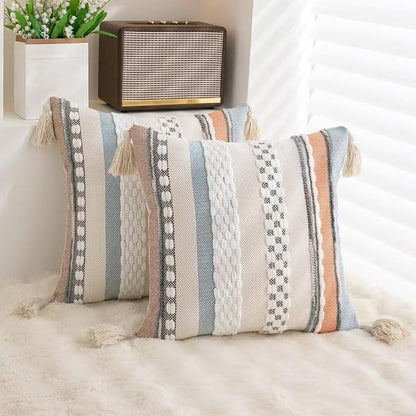 Boho Throw Pillow Covers 18x18 Set of 2 Woven Tufted Farmhouse Pillows Cover with Tassels Textured Striped Cushion Case Neutral Pillow Cases Decorative Pillowcase for Couch,Orange Blue