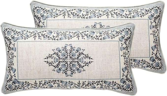 ISAENNE Design Linen Rectangle Throw Pillow Covers 12"x20" Pack of 2, Cottage Farmhouse Cushion Covers with Blue Grey Thorn Vine Pattern Decoration Pillowcases for Bed, Living Room, Outdoor, Car