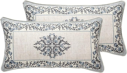 ISAENNE Design Linen Rectangle Throw Pillow Covers 12"x20" Pack of 2, Cottage Farmhouse Cushion Covers with Blue Grey Thorn Vine Pattern Decoration Pillowcases for Bed, Living Room, Outdoor, Car