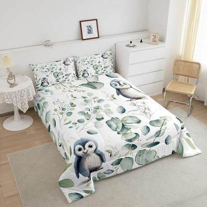Erosebridal Cartoon Penguin Queen Bedding Sets Toddler Woodland Wildlife Comforter Set, Plant Down Comforter Eucalyptus Leaf Bedding Comforter Sets, Antarctic Animal Theme Duvet Insert Kids Room Decor