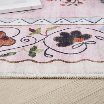 Rugcomf Runner Rug for Kitchen Non Slip 2'6''x8' Washable Rugs with Rubber Backing Soft Floral Animal Cat Carpet Runner for Kitchen Laundry Bedroom Bathroom, Pink