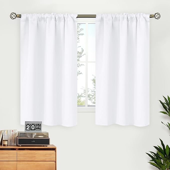 BGment White Curtains 48 Inches Length for Window - Rod Pocket 34 Inch Wide Short Drapes for Bedroom Kitchen Cabinet Cafe Basement Privacy, 2 Panels, 34 x 48 Inch