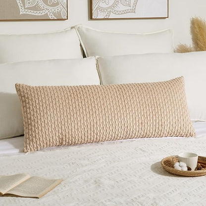 Kevin Textile 14x36 Inch Long Lumbar 1 Pack Boho Decorative Throw Pillow Cover Soft Striped Corduroy Rectangle Cushion Case Farmhouse Solid Color Accent for Living Room Couch Sofa Bed, Beige