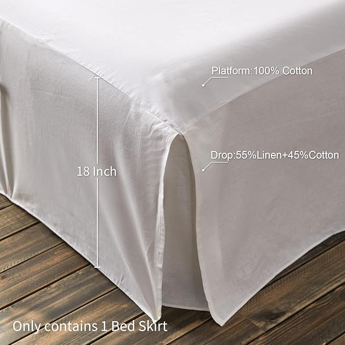 BISELINA French Linen Bed Skirt Split Corner with Button 18-Inch Tailored Drop Natural Flax Cotton Blend Basic Dust Ruffle Soft Cozy (18" Queen,Button White)