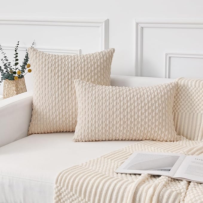 Kevin Textile 14x24 Inch Pillow Cover 1 Pack Boho Decorative Soft Striped Corduroy Lumbar Farmhouse Solid Color Accent Rectangle Cushion Case for Living Room Couch Sofa Bed, Cream White