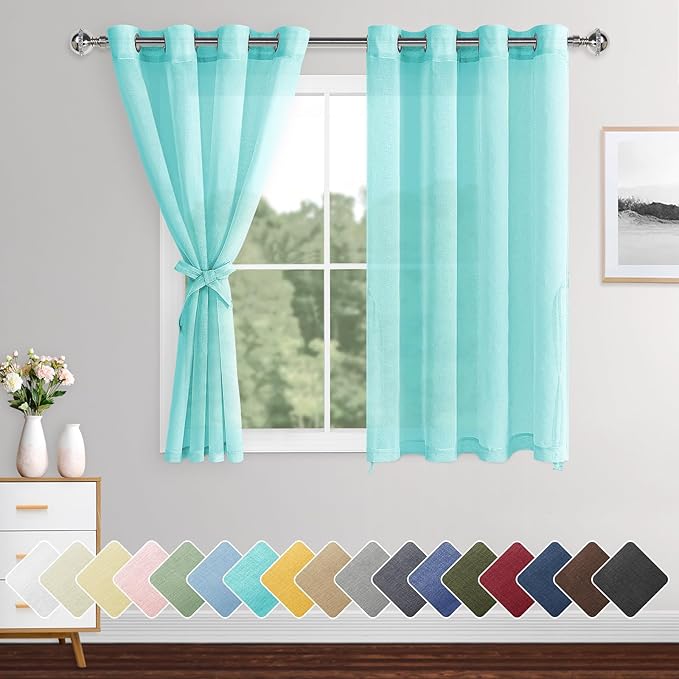 XWZO Sheer Curtains, Soft & Lightweight Faux Linen Grommet Window Curtains for Short Windows, Living Room, Kids' Room, Kitchen with Tiebacks, Mint Green, 52 x 54 Inches Length Set of 2 Panels