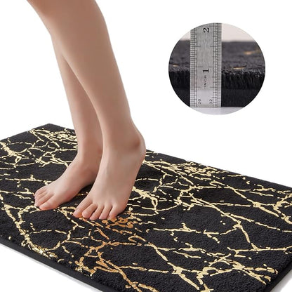 QJHOMO Marble Bathroom Rug Black and Gold Decor Bathroom Rugs Non Slip Bath Mat Super Absorbent Microfiber Plush Bathmat Machine Washable Floor Carpet for Tub, Shower, Bedroom (24x36 inch)