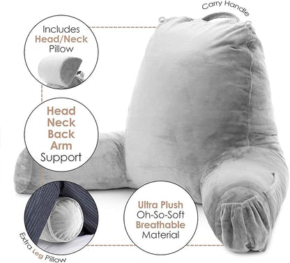 Nestl Reading Pillow with Shredded Memory Foam Includes 2 Neck and Lumber Support Pillows, Designed for Sitting Up in Bed and Couch, Back and Arms Adjustable Support for Adult & Teens, Light Grey