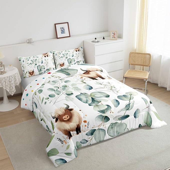 Erosebridal Boys Cartoon Animal Queen Bedding Sets for Kids Toddler Kawaii Cow Comforter Set, Highland Cattle Bull Down Comforter Western Cowboy Bedding Comforter Sets, Green Eucalyptus Duvet Insert