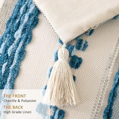 Boho Throw Pillow Covers 18x18 Set of 2 Woven Tufted Farmhouse Pillows Cover with Tassels Textured Striped Cushion Case Neutral Pillow Cases Decorative Pillowcase for Couch Bed,Sky Blue