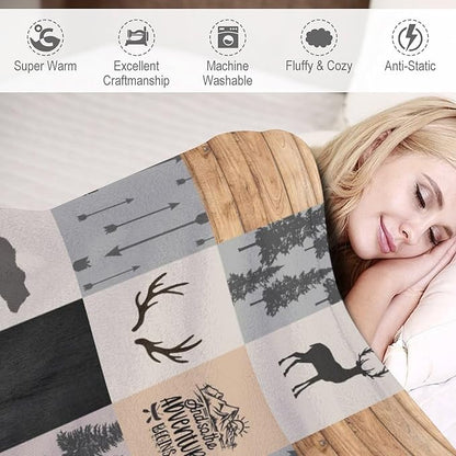 Rustic Cabin Throw Blanket, Retro Camping Bear Deer Farmhouse Wildlife Tree Forest Brown Gray Print Warm Flannel Blanket for Bedroom Camping Travel, 30"x40"
