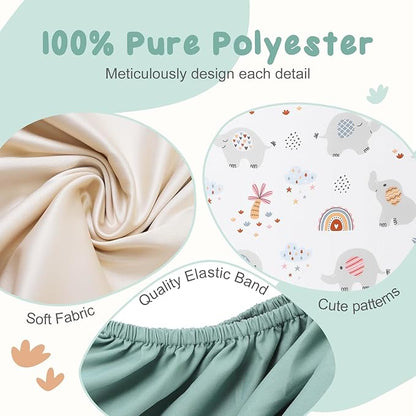 3 Pack Stretchy Bassinet Sheets - Universal Fit for Rectangle, Round, Oval, Hourglass Cradles & Moses Baskets - Soft Breathable Fitted Bassinet Sheets Set for Baby Boy Girl - Mint Green & Elephant