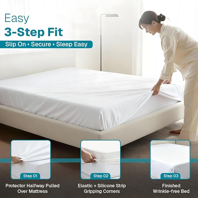 FABDREAMS Organic Waterproof Mattress Protector Queen Size|Queen Mattress Cover| Size Mattress Encasement| Fits up to 17" Deep Pocket|Temperature Regulating | Breathable| White
