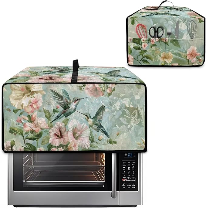Air Fryer Toaster Oven Dust Cover Protective Convection Oven Cover with Pockets and Handle for Kitchen Countertop, M, 16.5 x 20.5 x 10 Inches, Retro Hummingbird Hibiscus Flower Green