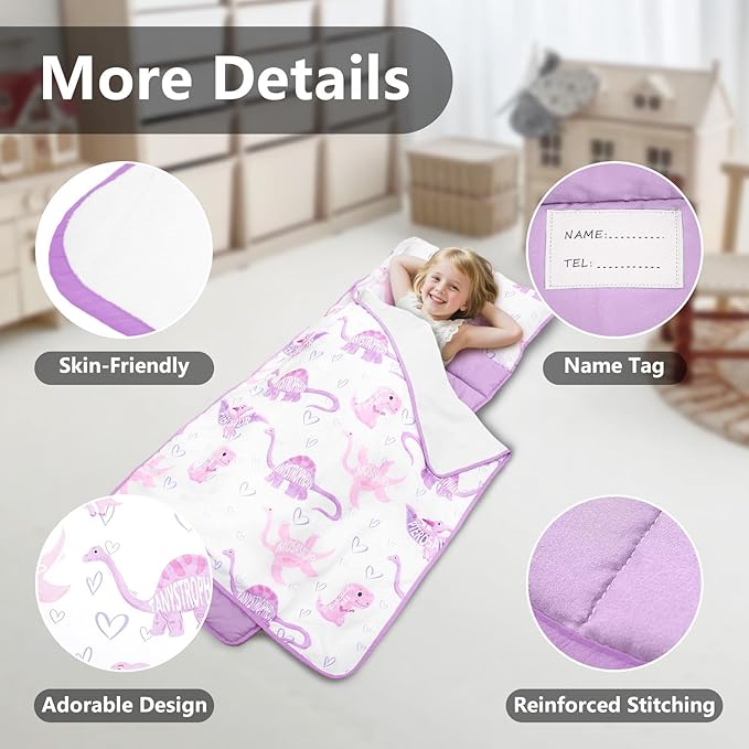 Primlect Lightweight Toddler Nap Mat Perfect for Warm Sleepers, Portable Sleeping Bag with Removable Pillow and Fleece Blanket, Washable, Great for 3 Seasons, Daycare, Preschool, Boy and Girls