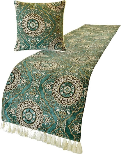 The HomeCentric King/Queen/Twin Teal Decorative Twin 53"x18" Bed Runner Without Pillow Cover, Art Deco, Floral, Tassels & Velvet Bed Scarf on Velvet Fabric - Ahmet