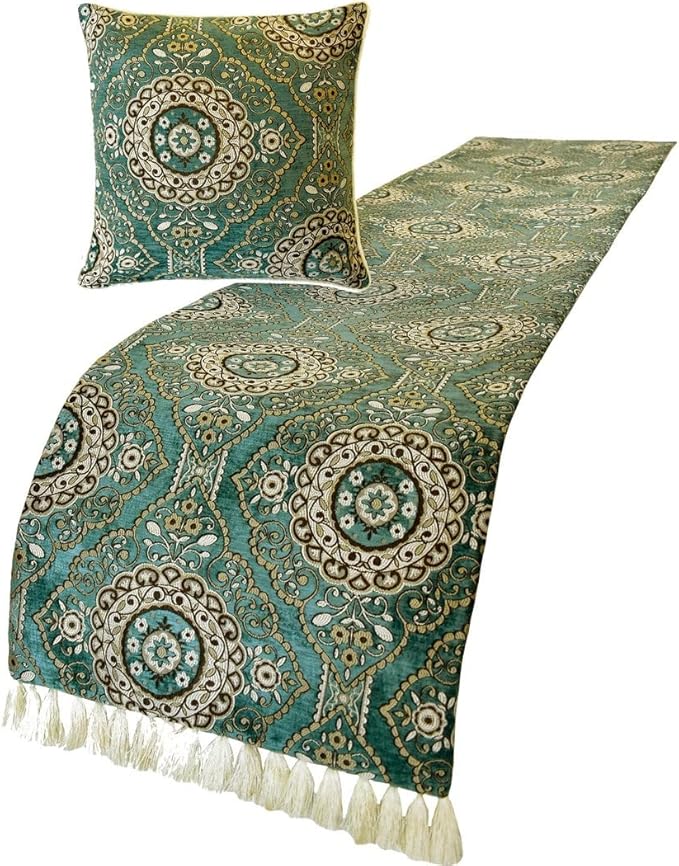 The HomeCentric King/Queen/Twin Teal Decorative Twin 53"x18" Bed Runner with 2 Pillow Cover, Art Deco, Floral, Tassels & Velvet Bed Scarf on Velvet Fabric - Ahmet