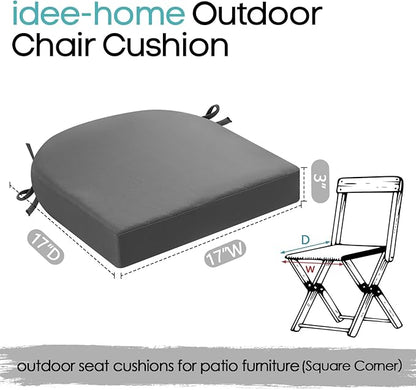 idee-home Outdoor Chair Cushions Set of 4, 17” x 17” x 3” Waterproof Patio Seat Cushions with Ties, Thick Dining Chair Pads for Outdoor Furniture, Medium Grey