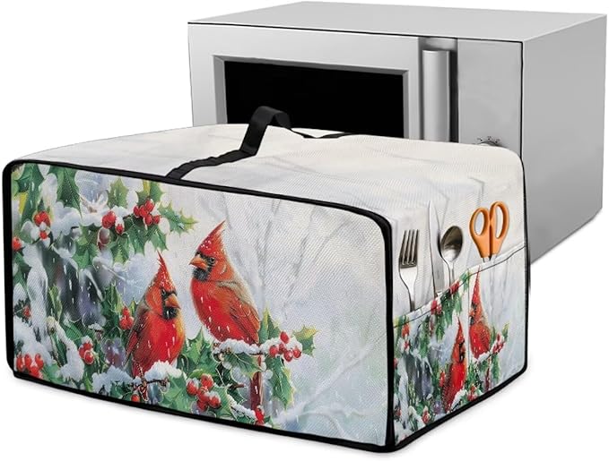 Christmas Microwave Oven Cover Air Fryer Toaster Oven Dust Cover with Accessory Pockets, Stain-resistant Small Electric Appliance Protector for Kitchen, L, Red Cardinal Bird Holly White