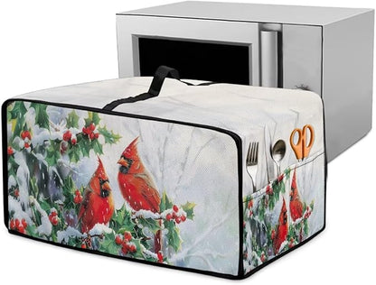 Christmas Microwave Oven Cover Air Fryer Toaster Oven Dust Cover with Accessory Pockets, Stain-resistant Small Electric Appliance Protector for Kitchen, L, Red Cardinal Bird Holly White
