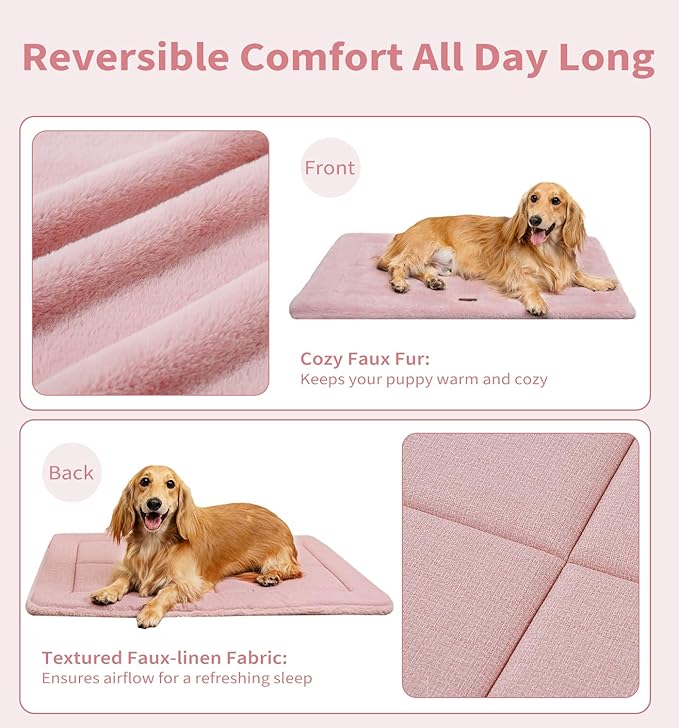 Made4Pets Dog Crate Pad Bed for Small Dogs, Washable & Reversible, Anti-Slip Kennel Mat for Cozy Sleeping, Soft Fluffy Dog Bed for Indoor & Outdoor Use, 24"x18", Pink